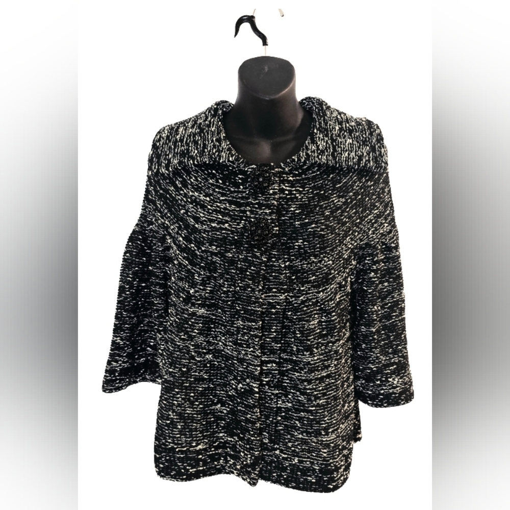 [Parkhurst] Raglan 3/4 Sleeve Brooch Button Cardigan Women Black/White Knit Med